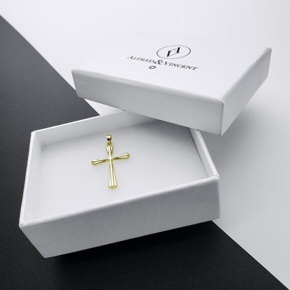 St Thomas Botonee Modern Budded Christian Cross Pendant in Real 14k Yellow Gold - Picture 1 of 3